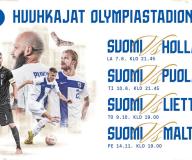 Kuva jossa mainittu Huuhkajien matsit Olympiastadionilla 2025