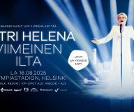 Katri Helena, Viimeinen Ilta -keikan julkistuskuva, tummansininen pohja jossa Katri Helena kuvan vasemmalla laidalla.