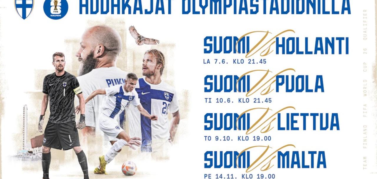 Kuva jossa mainittu Huuhkajien matsit Olympiastadionilla 2025