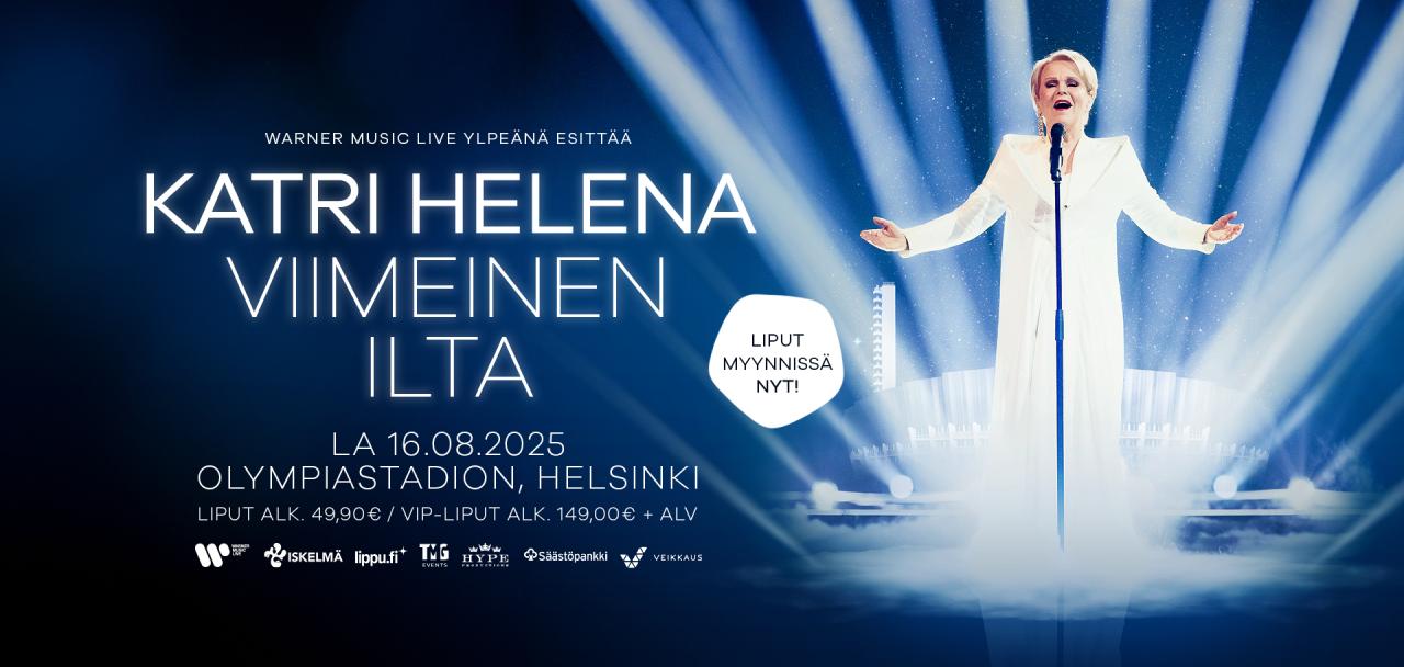 Katri Helena, Viimeinen Ilta -keikan julkistuskuva, tummansininen pohja jossa Katri Helena kuvan vasemmalla laidalla.